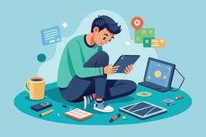 Illustration of a young man working on a tablet, surrounded by other tech gadgets such as a laptop, smartphone, and a cup of coffee. vector