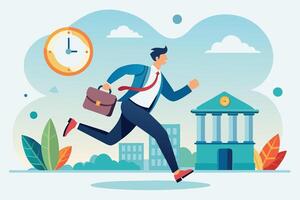 A cartoon illustration of a businessman running late to work. He is carrying a briefcase and is running towards a bank building. vector