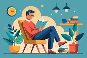 A man sits comfortably in a chair, engrossed in reading a book. The room is decorated with plants, lamps, and a stack of books, creating a cozy and inviting atmosphere. vector