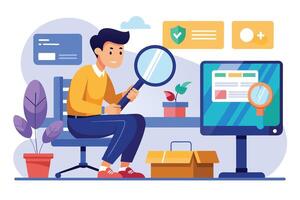 An illustration depicting a man sitting at a desk, looking at a computer screen while holding a magnifying glass. He is examining the website on the screen, perhaps looking for something specific. vector