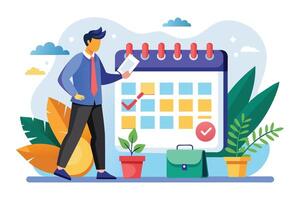 An illustration of a man checking his schedule on a calendar with completed tasks marked by checkmarks. vector