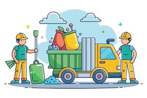 Two cartoon workers, wearing hard hats, are loading trash into a garbage truck on a sunny day. vector