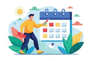 An illustration of a happy man walking towards a large calendar and marking important dates with a red pen. The background features a sunny sky with clouds and foliage. vector