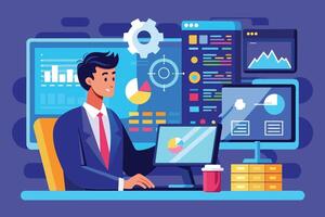 A businessman is sitting at his desk, analyzing data on multiple screens. The screens display charts, graphs, and other data visualizations. vector