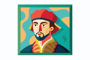 A colorful illustration of a man with a red cap, wearing a blue and gold patterned garment. He is framed in a green square frame against a blue and orange background. vector