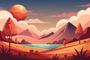 A digital illustration of a mountain landscape with a lake in the foreground. The sunset is visible in the sky, and there are trees on both sides of the lake. vector