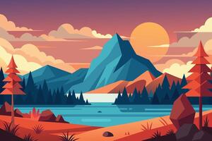 A digital illustration depicting a breathtaking mountain range with a tranquil lake reflecting the setting sun. vector