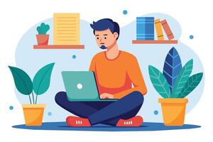 A man sits cross-legged on the floor, using a laptop, with plants and books in the background. vector