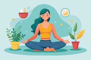 An illustration of a woman meditating with her eyes closed, sitting in a cross-legged position. She is surrounded by plants and a clock, creating a peaceful and calming atmosphere. vector