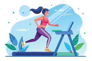 A woman in athletic wear runs on a treadmill during a workout. She has a positive attitude and is enjoying her exercise routine. vector