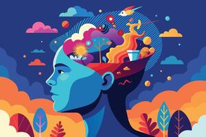 A digital illustration of a persons head with a colorful abstract design inside. vector