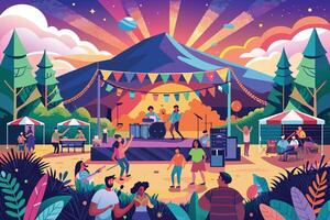 A vibrant illustration of a summer music festival in a forested area. The stage is adorned with colorful flags and features a band playing music for a crowd of people. vector