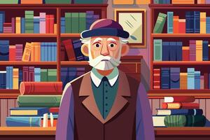 An elderly man with a white beard stands in a bookstore, surrounded by bookshelves filled with books. vector