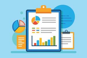A simple illustration of a clipboard with charts and data on a blue background. vector