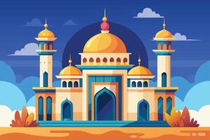 A colorful illustration of a mosque with golden domes and minarets, set against a blue sky with fluffy clouds. vector