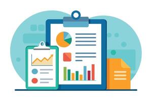 A visual representation of business data analysis displayed on clipboards with graphs, charts, and a document. vector