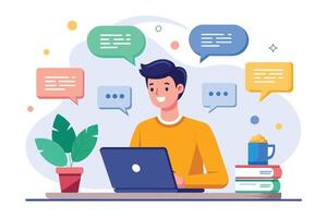 A happy man sits at a desk, working on a laptop computer with multiple chat bubbles above his head, suggesting communication and collaboration. vector