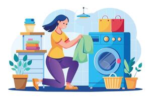 A woman kneels in front of a washing machine, loading a towel into the machine. vector