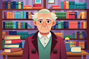 A cartoon illustration of an elderly man standing in front of a bookshelf filled with books, with a stack of books on the desk. vector