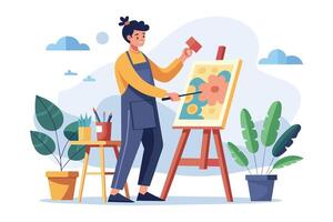 An illustration of a smiling artist painting a floral design on a canvas easel in their studio. vector
