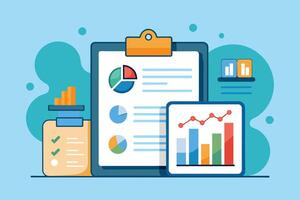 This image depicts a digital business analysis report with charts and graphs on a computer screen. vector