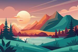 A colorful illustration depicting a mountain lake with a sunset in the background. vector