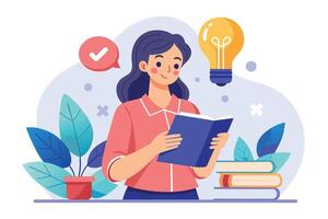An illustration of a young woman reading a book with a lightbulb and a checkmark above her head, suggesting a moment of inspiration and understanding. vector