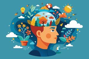 A colorful, cartoon illustration of a persons head, open to reveal a vibrant forest inside. Surrounding the head are whimsical illustrations, including flowers, clouds, a sun, and a tiny explorer. vector