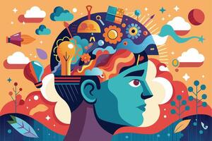 An abstract illustration of a persons head filled with creative ideas and inspiration, with a colorful and dynamic design. vector