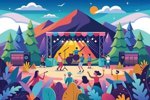 An illustration of a music festival taking place in a colorful outdoor setting, with a band performing on stage in front of a large mountain range at sunset. vector