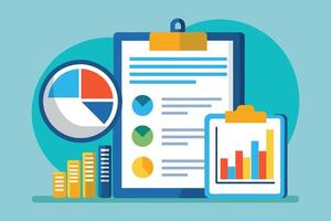 A graphic representation of data analysis with multiple charts, graphs, and a checklist on clipboards. vector
