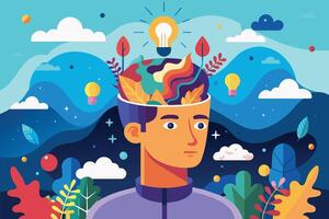 An illustration of a man with an open head filled with colorful abstract patterns, nature elements, and light bulbs symbolizing ideas. vector
