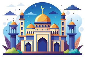 An illustration of a mosque with golden domes and minarets, set against a backdrop of a starry night sky. The mosque is adorned with intricate details, and the minarets reach high into the sky. vector