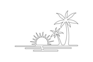 Sunset single line art, continuous one line drawing of Isolated outline art black white background vector