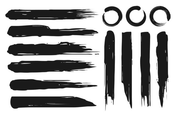 Set of paintbrush stroke, round brush, stripes brush. Ink brush stroke, ink splatter, rough and grunge brush design elements