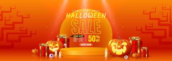 Spooky Halloween sale backdrop featuring a paper cut designed stage platform. Pumpkin with eerie expressions and ghosts. Imaginative banner perfect for the web. vector