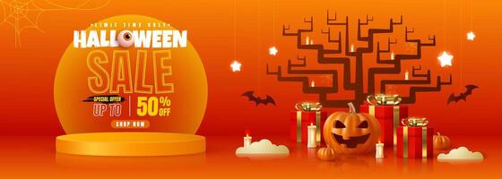 Spooky Halloween sale backdrop featuring a paper cut designed stage platform. Pumpkin with eerie expressions and ghosts. Imaginative banner perfect for the web. vector