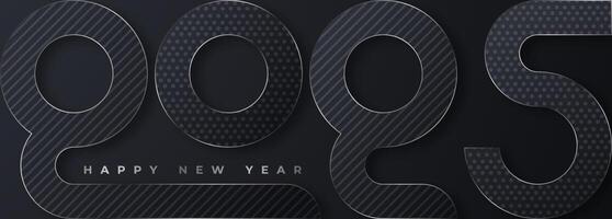 contento nuevo año 2025 tipográfico texto póster diseño celebracion. brillante plata y negro números en oscuro antecedentes. vector