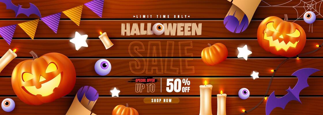 Spooky Halloween sale holiday flat icon on wooden plank background. Pumpkins with scary expressions, ghosts and other scary elements. Perfect imaginative banner for the web.