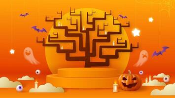 Spooky Halloween backdrop featuring a paper cut designed stage platform. Pumpkin with eerie expressions and ghosts. Imaginative banner perfect for the web. vector