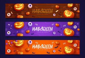 Dark background Halloween banner template, ghostly pumpkin, and spooky elements. Perfect as website background or Halloween themed banner design. vector