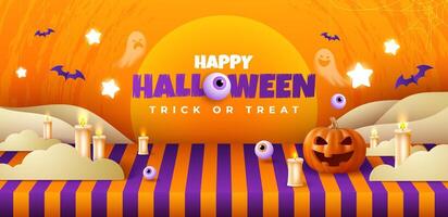Orange background Halloween banner template, ghostly pumpkin, and spooky elements. Perfect as website background or Halloween themed banner design. vector