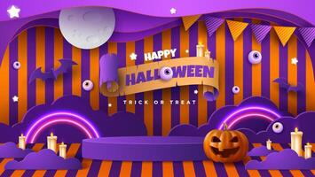 Spooky Halloween backdrop featuring a paper cut designed stage platform and vibrant neon illumination. Pumpkin with eerie expressions and ghosts. Imaginative banner perfect for the web. vector