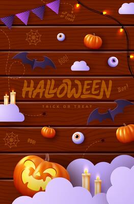Spooky Halloween holiday flat icon on wooden plank background. Pumpkins with scary expressions, ghosts and other scary elements. Perfect imaginative banner for the web.