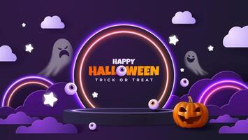 Spooky Halloween backdrop featuring a paper cut designed stage platform and vibrant neon illumination. Pumpkin with eerie expressions and ghosts. Imaginative banner perfect for the web. vector
