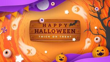 Orange background the stage for a Halloween banner template, featuring weathered wooden board, ghostly pumpkin, and spooky elements. Perfect as website background or Halloween themed banner design. vector