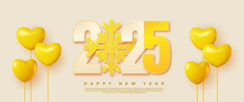 Happy New Year 2025 in realistic 3D style numbers, accompanied by yellow snowflakes and heart-shaped balloons. This symbol is suitable for posters, banners, greeting cards and other layout designs. vector