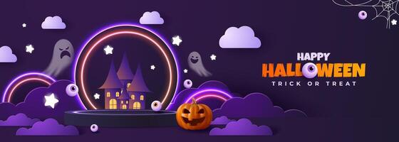 Spooky Halloween backdrop featuring a paper cut designed stage platform and vibrant neon illumination. Pumpkin with eerie expressions and ghosts. Imaginative banner perfect for the web. vector
