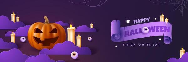 Dark background Halloween banner template, ghostly pumpkin, and spooky elements. Perfect as website background or Halloween themed banner design. vector