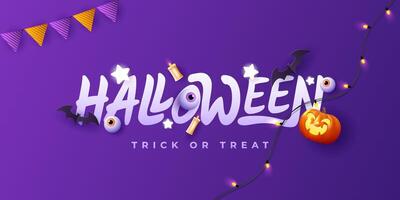 Spooky Halloween with flat holiday icons on purple background. Pumpkin with a scary expression and other scary elements. vector